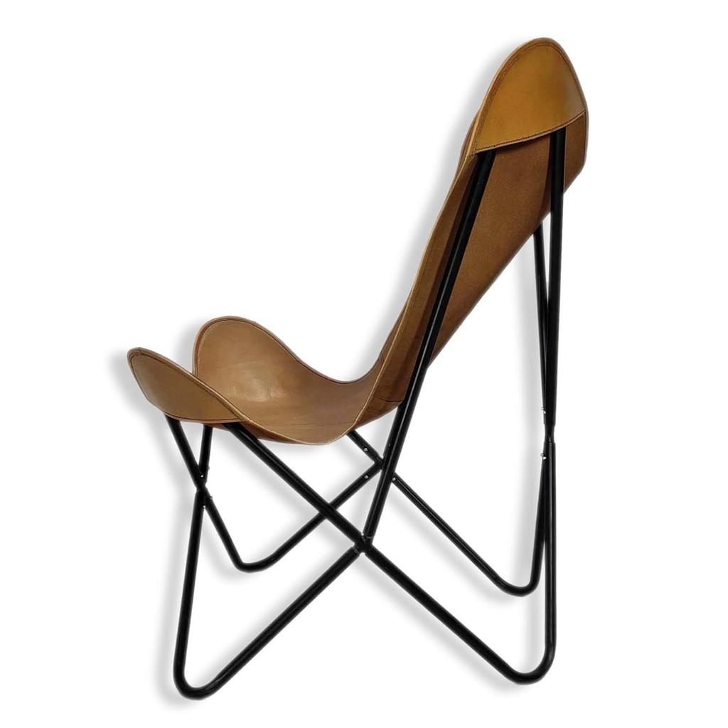 Camel Color Genuine Buff Leather Butterfly Chair - Comfortable Arm Rest Living Room Butterfly Chair – with Black Powder Coated Iron Stand