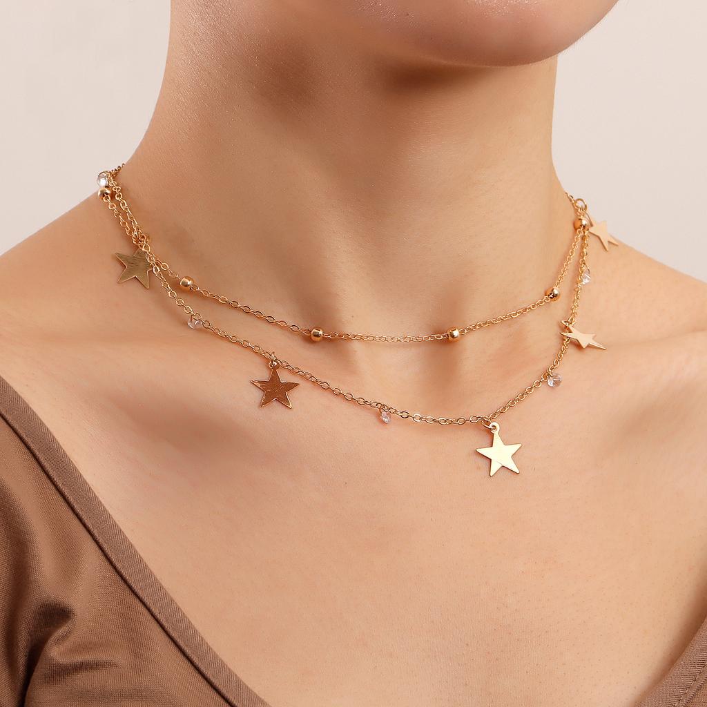 Trend Double Clavicle Chain Pentagram Pendant Necklace Women's ins Metal Wind Necklace Versatile