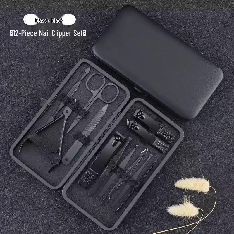 18-Piece Black Stainless Steel Nail Care Set: Clippers, Tweezers, Cuticle Nipper & Manicure Tools.