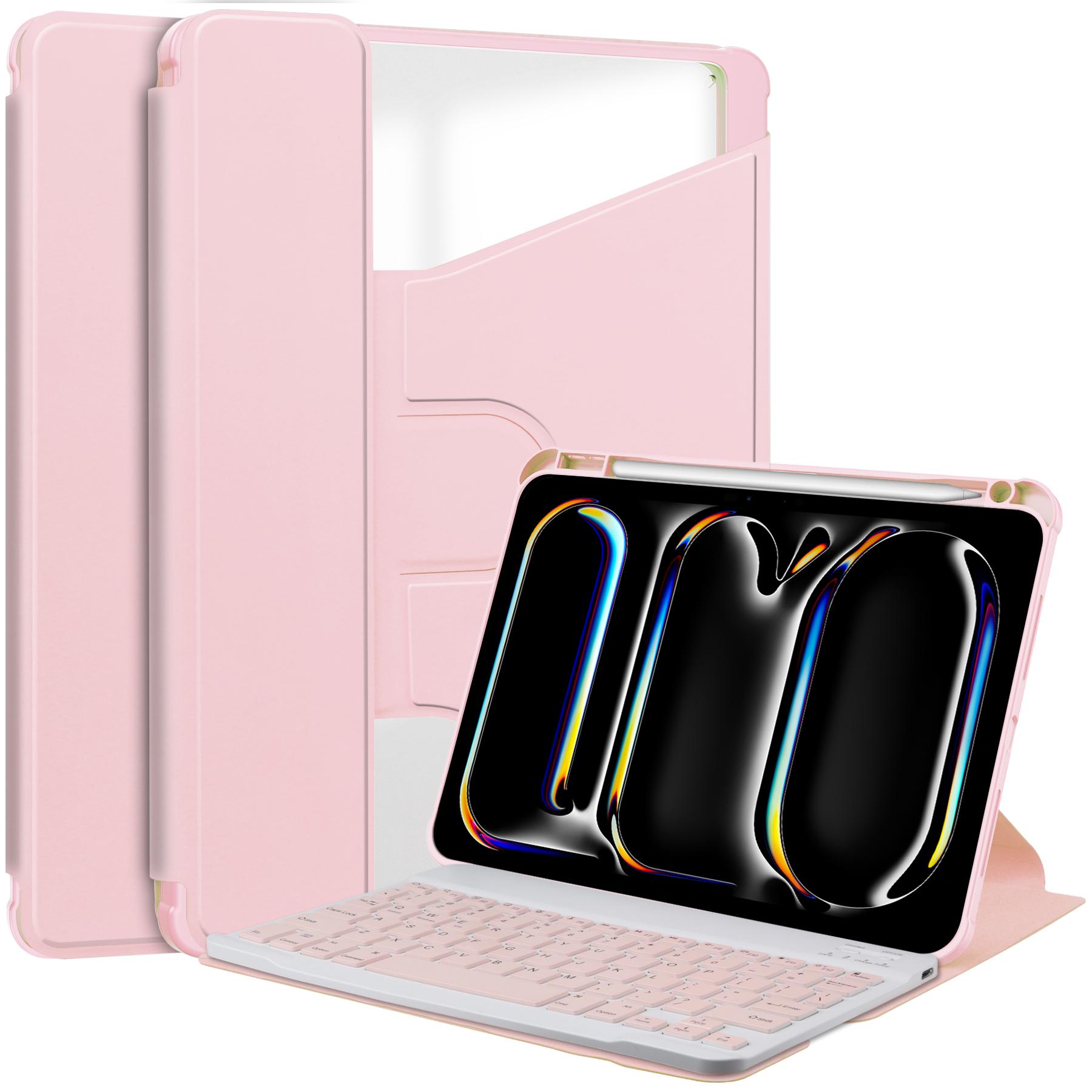 

For iPad Pro 11 (2024) Case Leather+Acrylic Stand Tablet Cover with Bluetooth-compatible Keyboard Pink