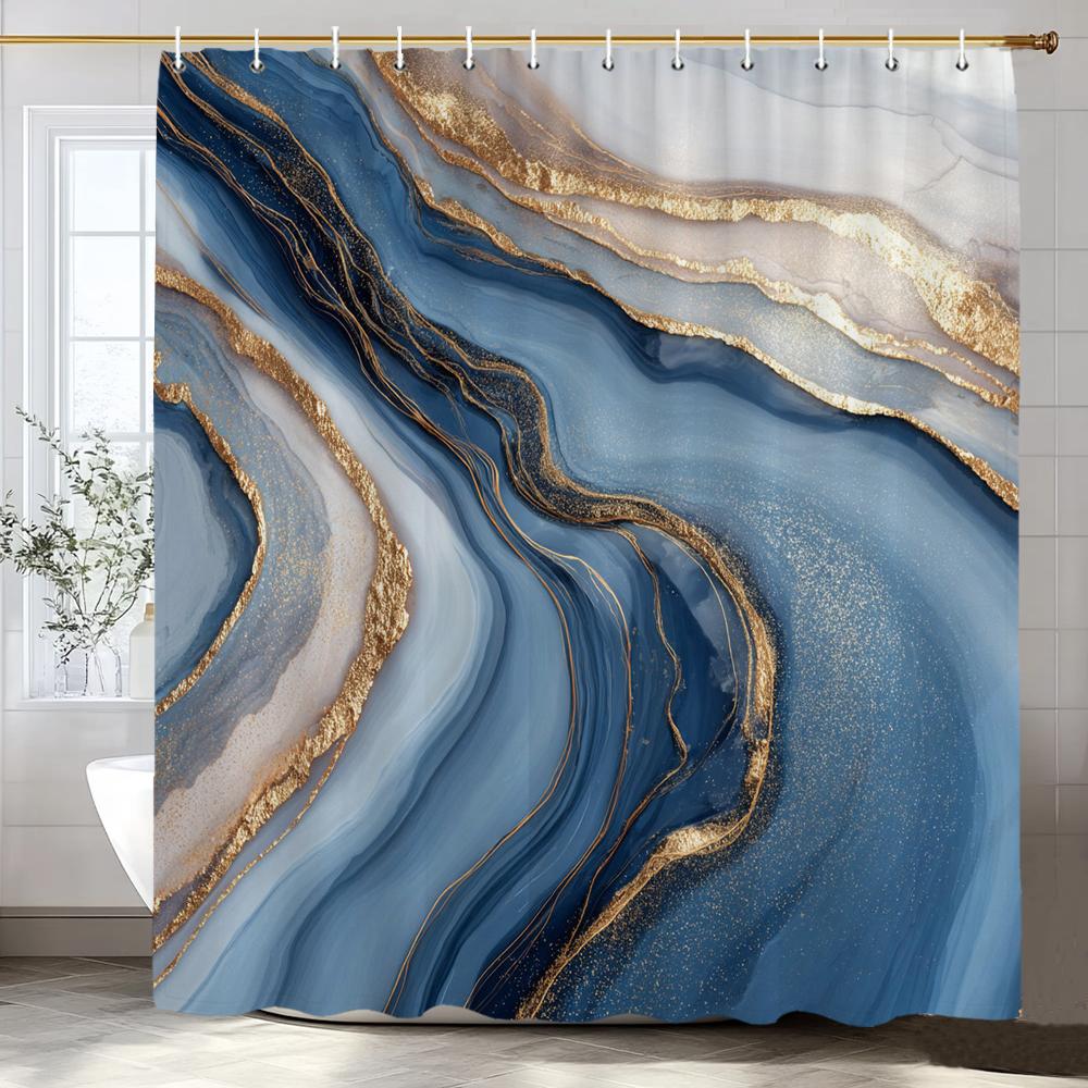 Modern Plain Black Gold Textured Marble Shower Curtain With Hooks Water Resistant For All Bathroom Styles