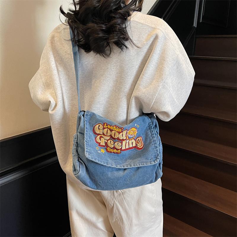 Large Capacity Denim Bag Student Class Crossbody Bag Letter Embroidery Women Commuter Tote Bag