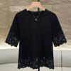 Women's Summer New Simple Everything Matching Slim Solid Color Design Sense Lace Crew Neck Patchwork Top