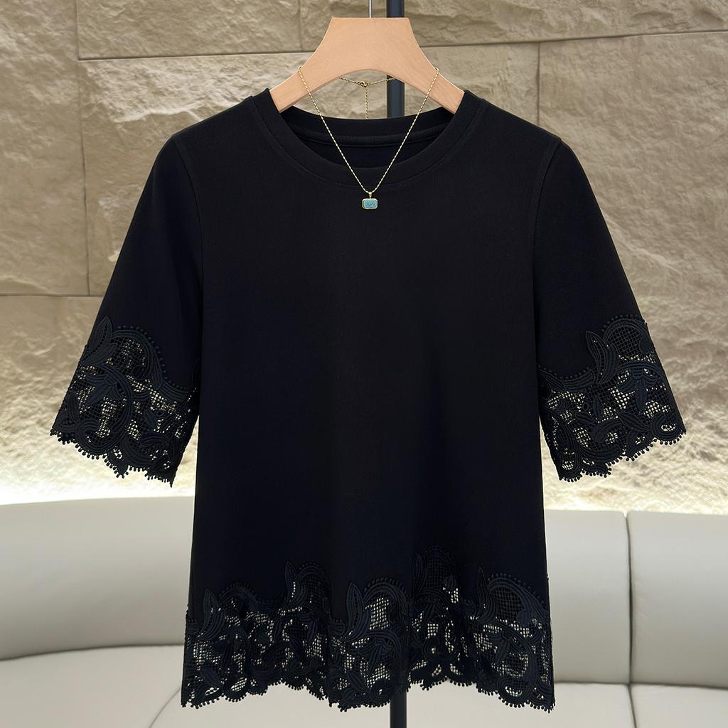 Women's Summer New Simple Everything Matching Slim Solid Color Design Sense Lace Crew Neck Patchwork Top