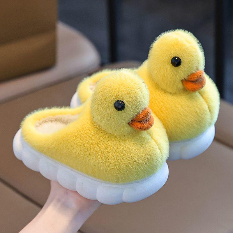 Kleine Ente Plüsch rutschfeste Baumwollpantoffeln für Kinder - Süßes pelziges Design für Jungen & Mädchen