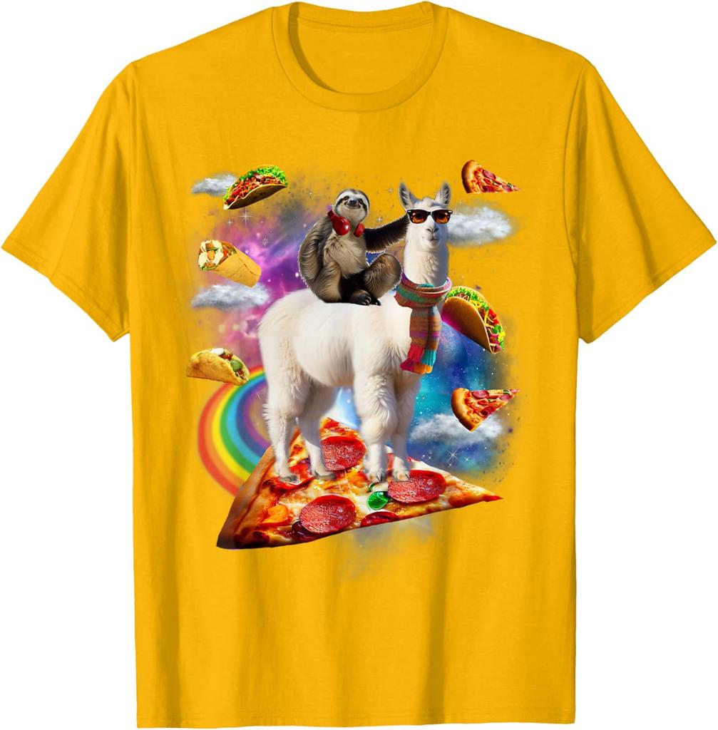 Bradipo che cavalca un lama nella Galassia della Pizza Taco Maglietta Grafica Divertente Casual Unisex Maglietta da Viaggio