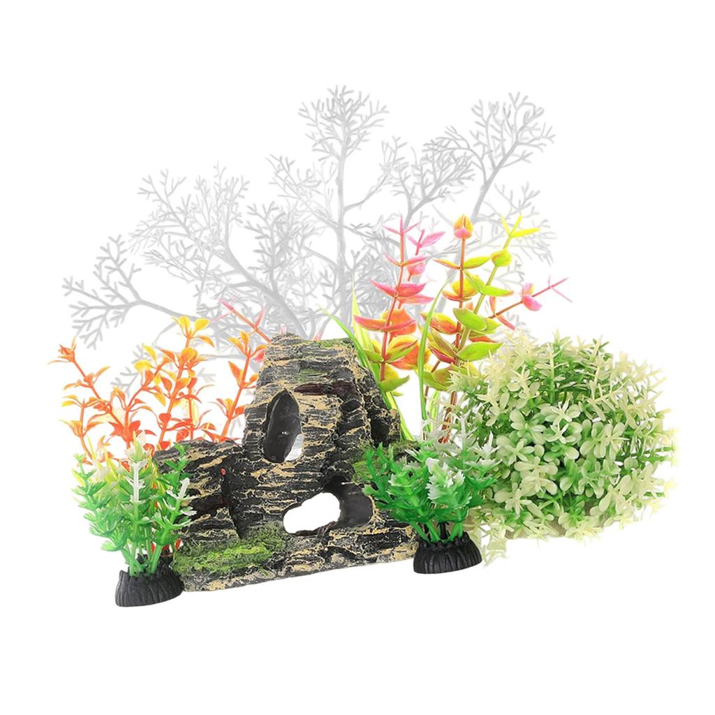 Aquariums Artifical Coral Grass 7Pieces Fishtanks Plastic Plant and Cave Rock for Safe Underwater Landscape Decors