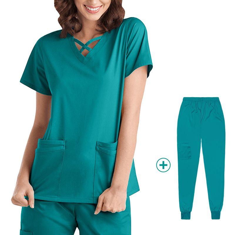 

Nurses Uniform Elastic Suit Plastic Surgeon Dental Oral Surgery Operating Room Overalls Hospital Hand Washing Suit Short Sleeve 42026 Lake Blue-Thread S