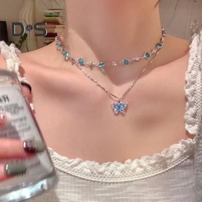 Women Necklace Faux Crystal Single/Double Layer Butterfly Pendant Adjustable with Extended Length Prom Party Neck Jewelry Wedding Choker