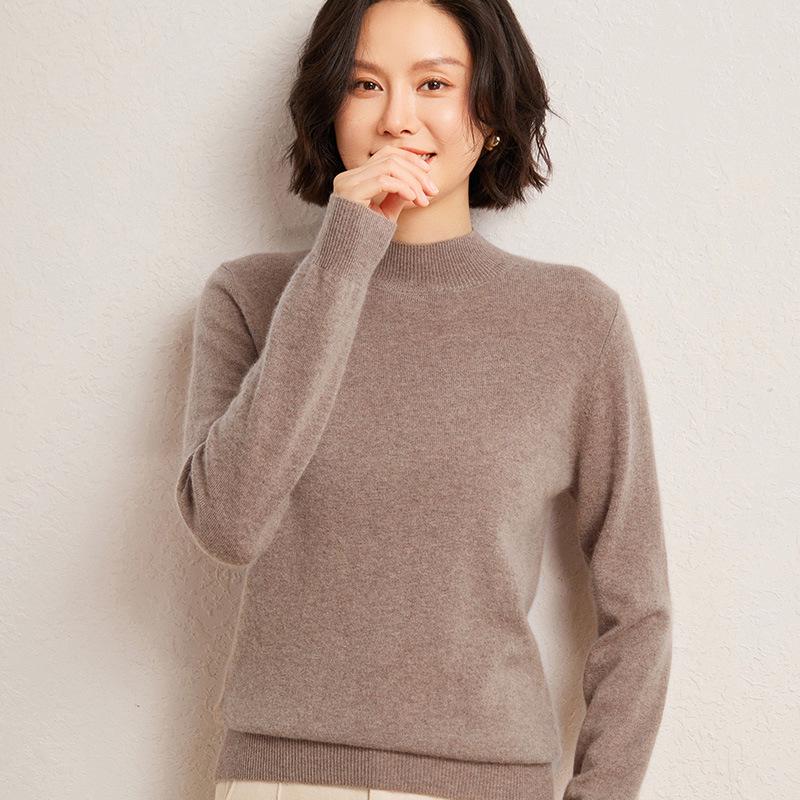 Women's Fashionable Cashmere Half-High Collar Knit Top - Versatile Long Sleeve Warm Base Layer for Autumn/Winter