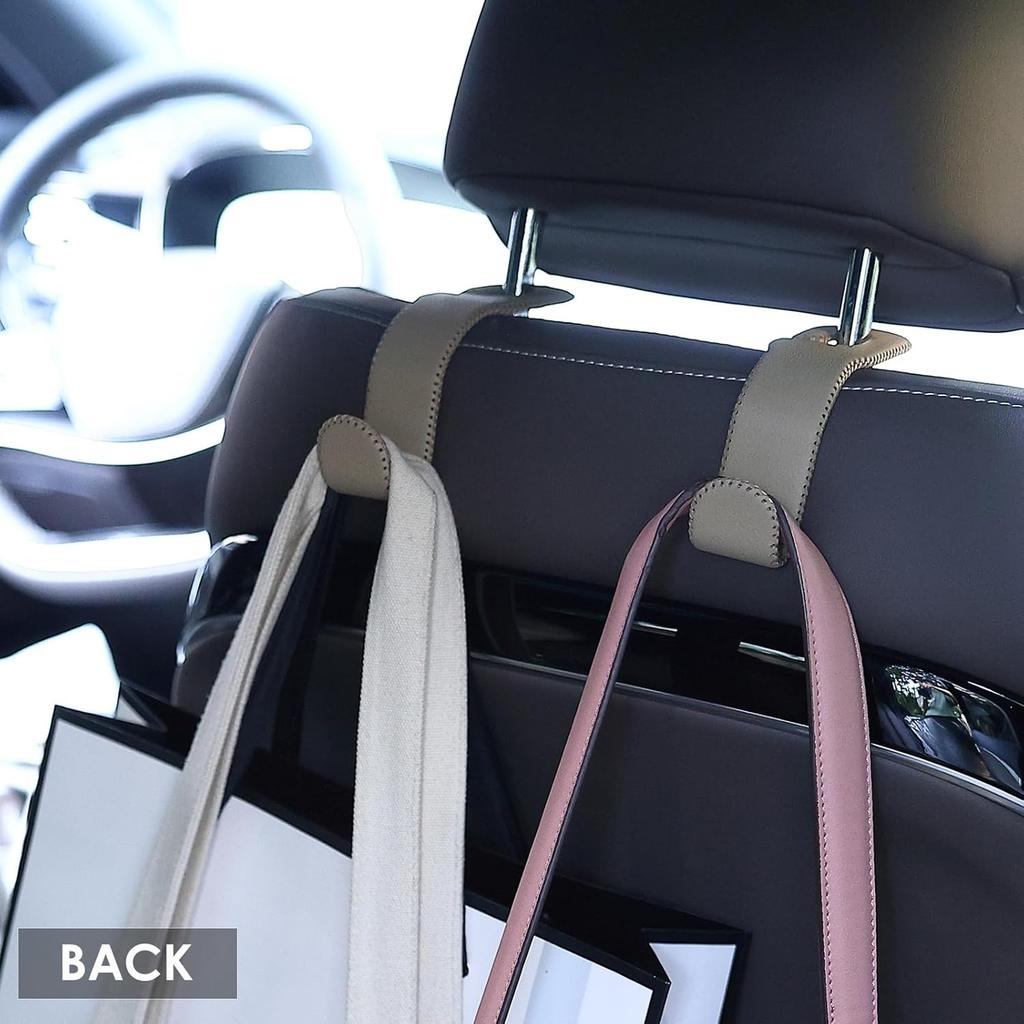 Leather Car Hooks For Headrest - Fully Leather-Wrapped U-Shaped Purse Holder For Car, Flexible Seat Back Organizer & Durable Car Accessories For