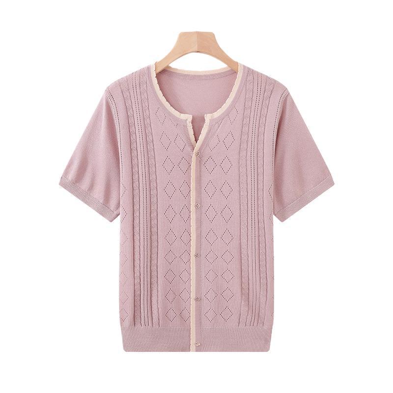 Ice Silk Loose Knit Cardigan T-shirt: Women's Summer Short-Sleeved Sweater for Middle-Aged and Elderly Moms