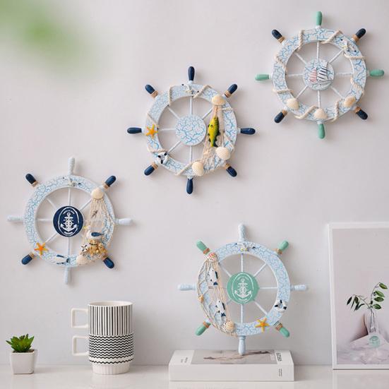 11" Nautical Beach Wooden Ship Wheel Wall Art Coastal Style Boat Steering Wheel Wall Hanging Ornament with Starfish And Hemp Rope for Living Room