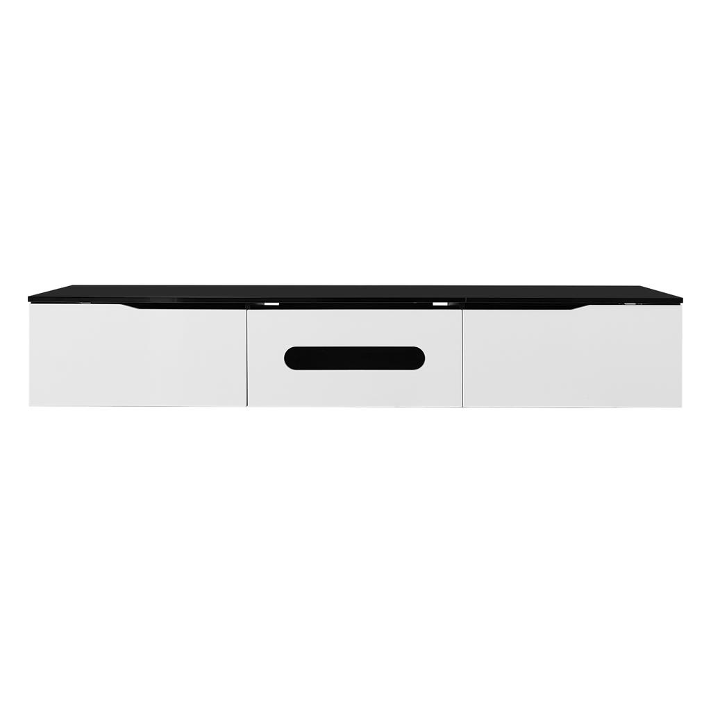 Black-White TV Cabinet, 180 cm Long, High-Gloss Surface, with 16-Color LED Lighting, Wall-Mountable
