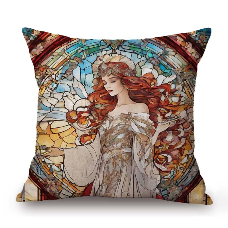 Nouveau Art Mucha Style Stained Glass Eleglant Lady Divine Witch Retro Decoration Art Sofa Pillow Case Linen Cushion Cover