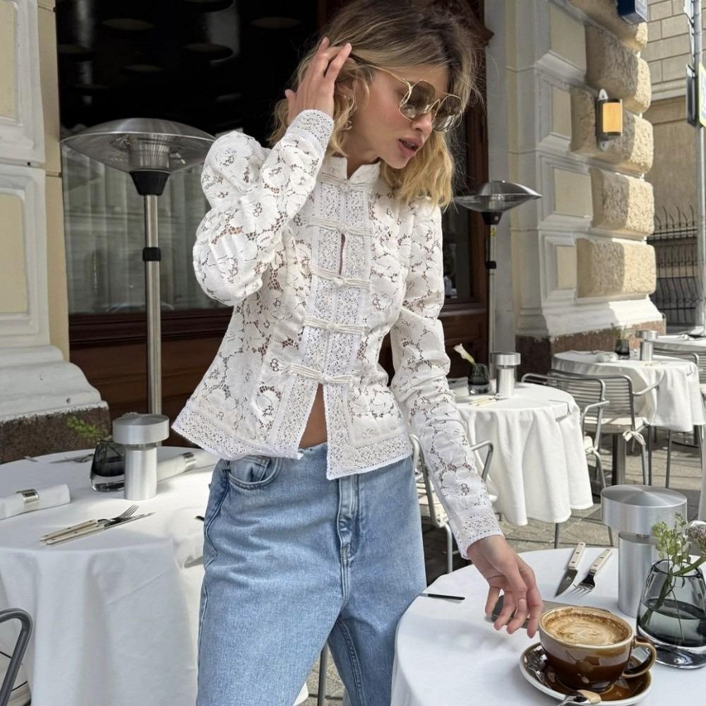 Long Sleeves See-Through Blouse Slim Fit Women Shirt Tops Vintage Lace Printed Shirts Spring