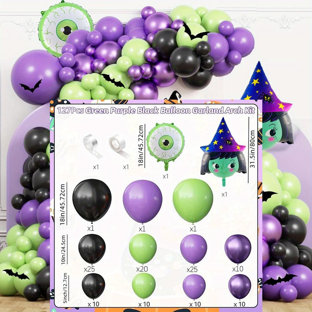 127Pcs Halloween Balloon Arch Set with Witch Shape and Green Eyes Aluminum Foil Balloons Suitable for Halloween Party Decoration
