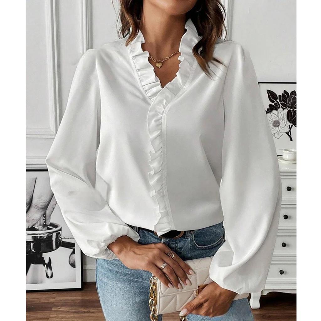 Women's Ruffle Edge Solid Color V-Neck Fashionable Casual Long Sleeved T-Shirt Shirt Top