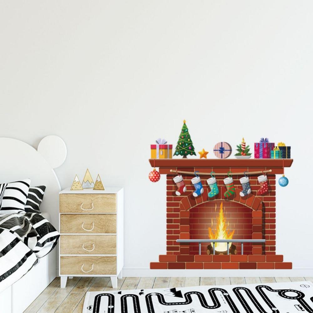 Wall Stickers Christmas Fireplace Living Room Bedroom Window Glass