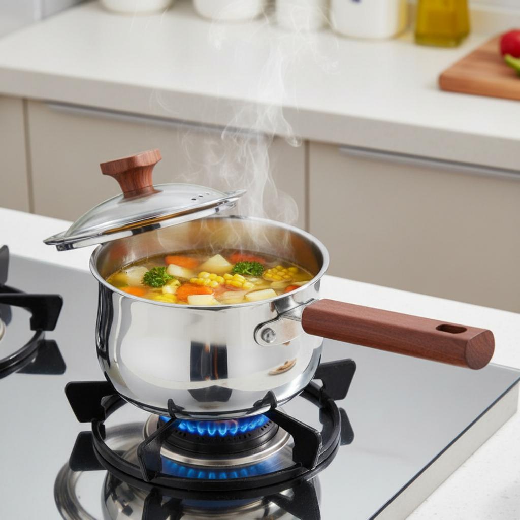 Infant Meal Pot Three-Layer Construction Stainless Steel Milk Pot Wood Handle Saucepan No Chemical Coatings Sauce Pan