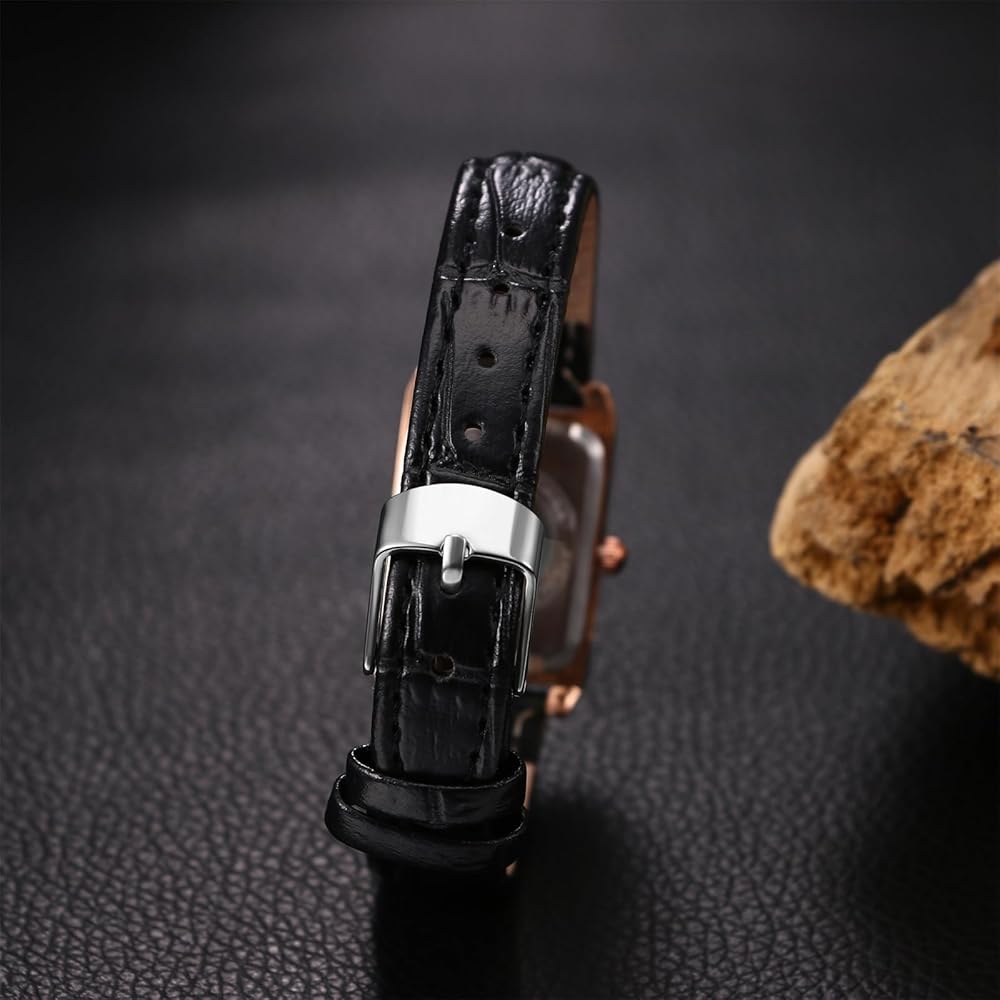 "Women's Square Dial Quartz Watch Waterproof Brown Strap Pink Case Simple Design"