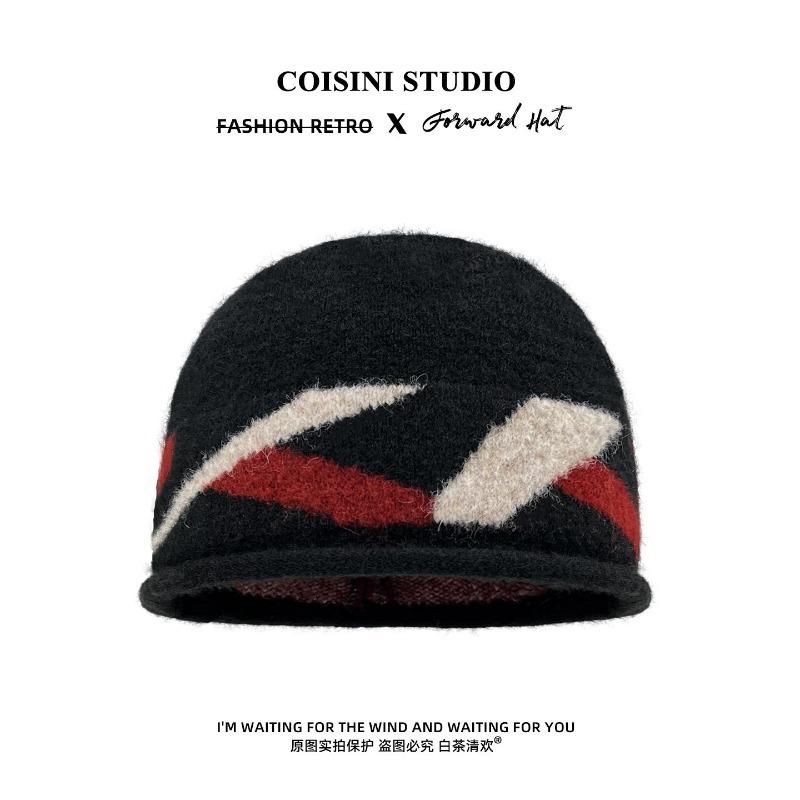 Meier Rhombus contrasting color knitted headgear, women's autumn and winter warm, cold-proof and lazy feeling, big head circumference