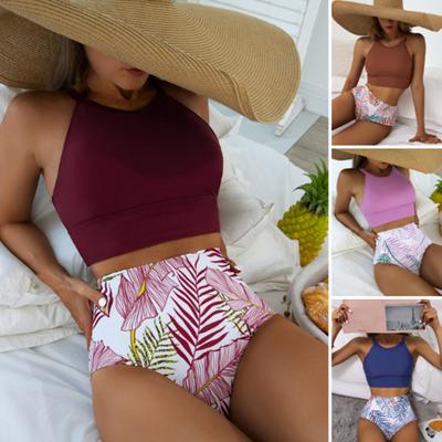 2 szt./zestaw regulowane paski odkryte wkładki podnoszące biodra zestaw bikini jednolity kolor kamizelka wysoki stan nadruk liści majtki zestaw odzież plażowa