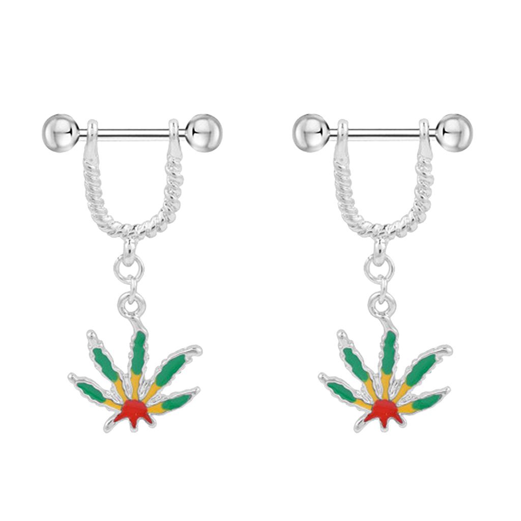 1 Pair Maple Leaf Dangle Straight Barbell Nipple Ring Red Yellow