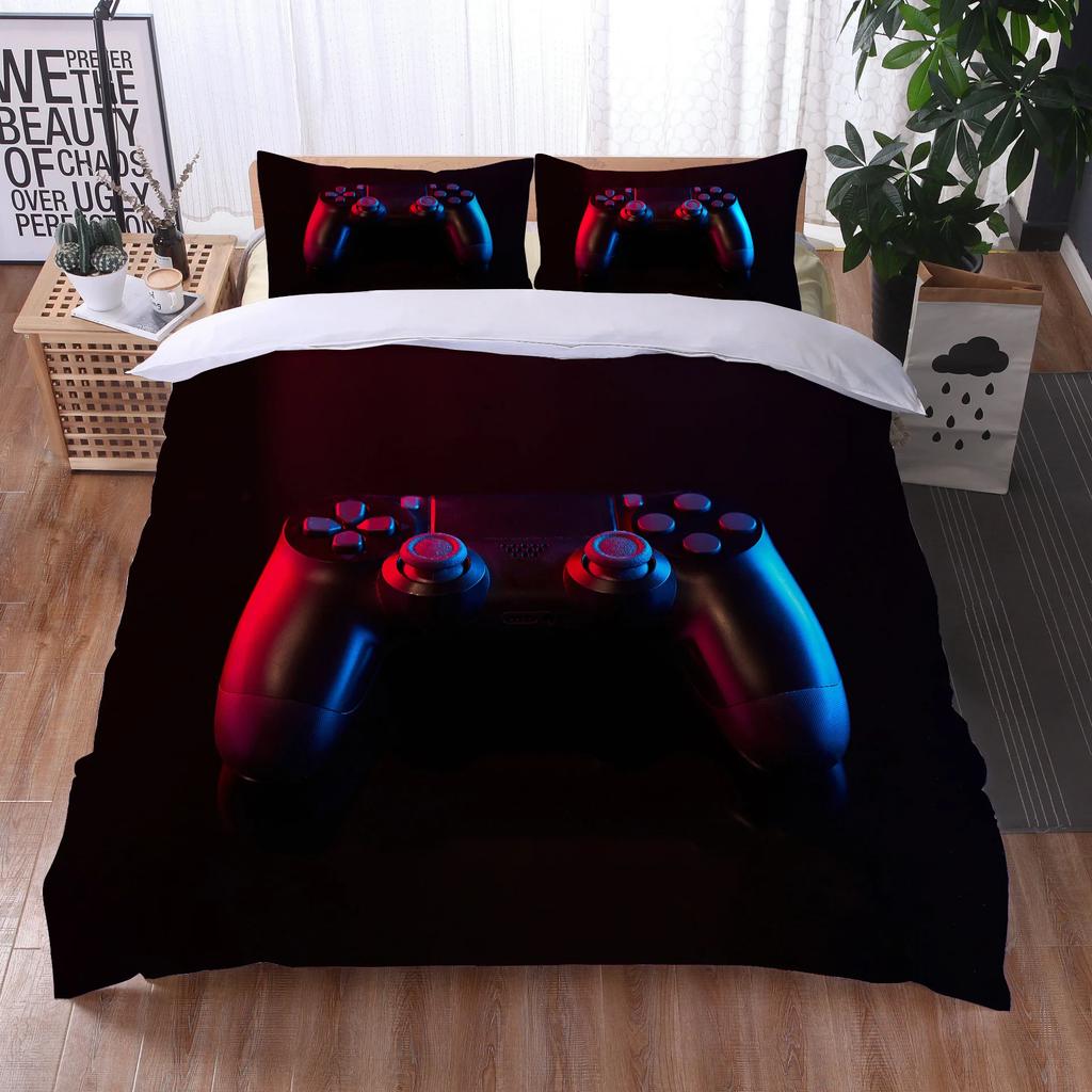 Gaming Gamer Duvet Cover Set Gamepad Bedding Set,Video Game Comforter Cover Neon Gamepad Geometry Brick Wall Design Quilt Cover