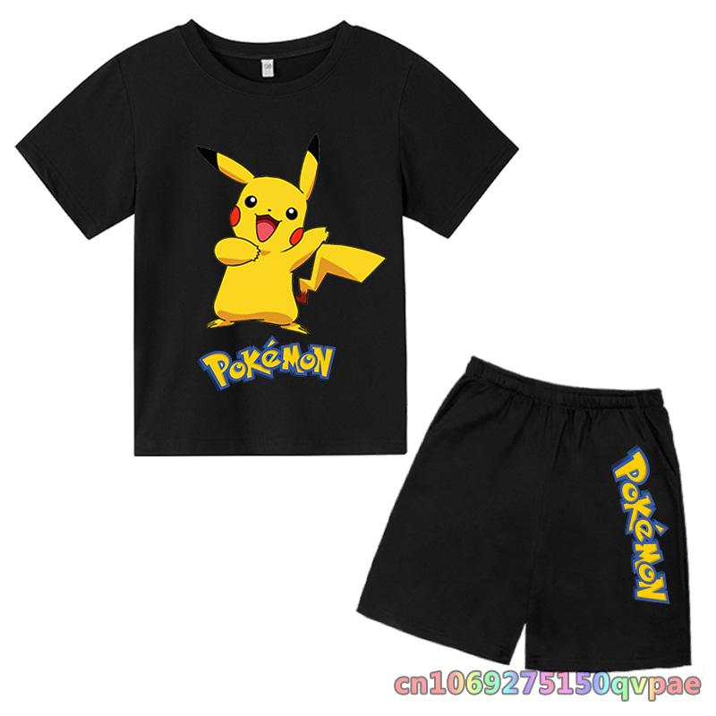 Children's Clothes Cartoon Summer Kids Animal Pokemon T-shirt Set Boys' Clothing  Leisure Cotton Pikachu Print Short Sleeve