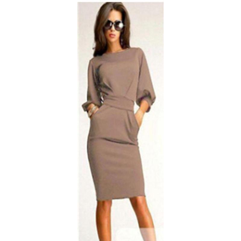 Elegant Women Fashion Sexy Fifth Sleeve Round Neck Pocket Bodycon Cocktail Dress