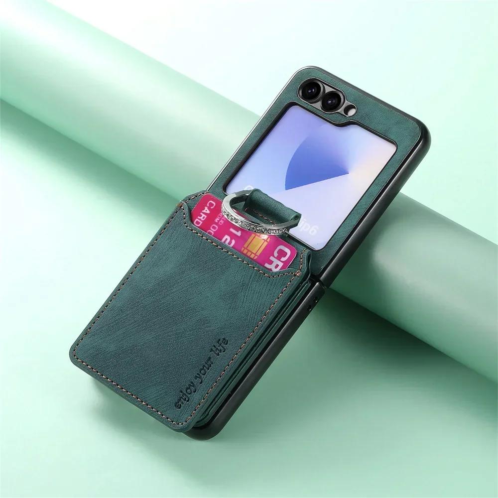 Retro Leather Wallet Phone Case with Ring Bracket for Samsung Galaxy Z Flip 7 Fe 6 5 4 3 Flip6 Flip5 Flip4 5G Cover Card Holder