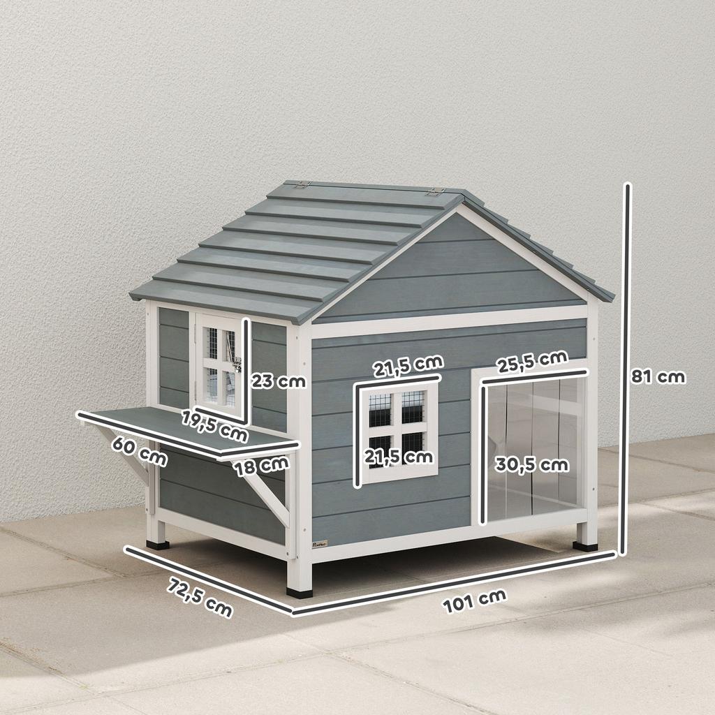 Wooden Cat House, 2-Story Cat Den with Waterproof Flip-Up Roof, Side Platform, 101x72.5x81cm, Grey