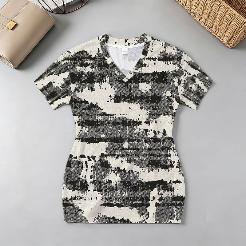 V-Neck Short Sleeve Tie-Dye Bodycon Dress Ins Style, Comfortable, Casual Daily & Vacation Wear