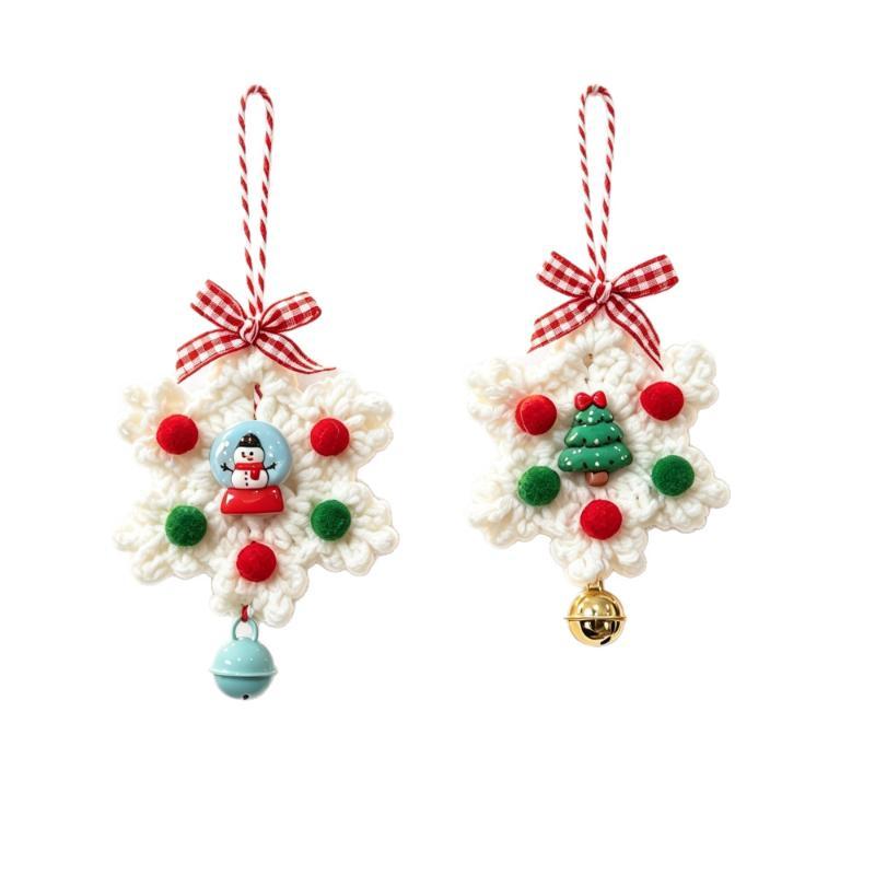 5Pcs Hand Knitted Christmas Snowflake Ornament Wool Yarn Snowflake Pendant Xmas Tree Window Bell Hanging Decor Diy Accesorios