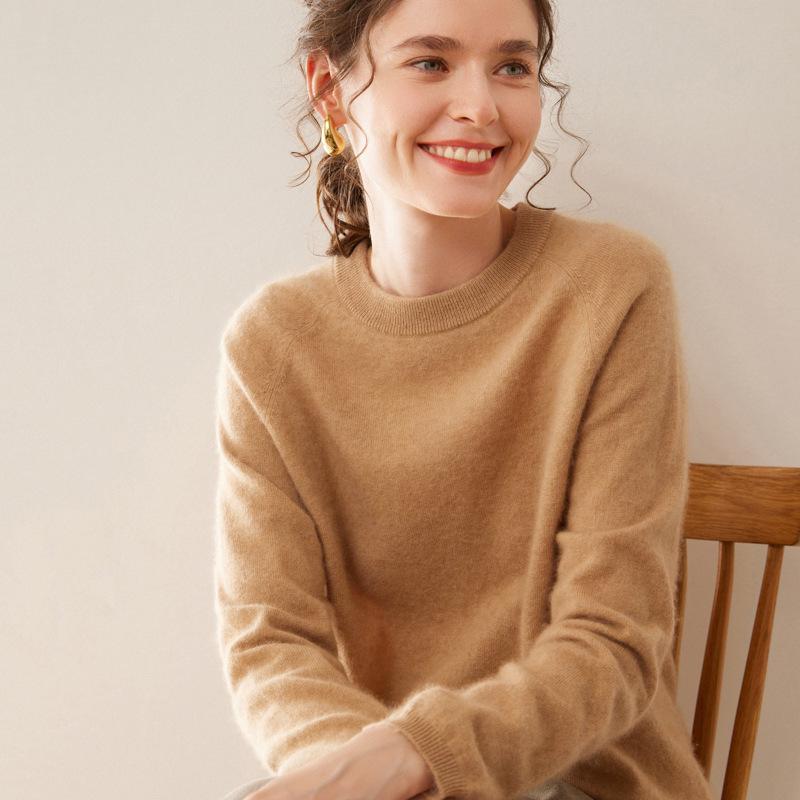 Women's Cashmere Round Neck Sweater - Solid Color Pullover for Autumn/Winter