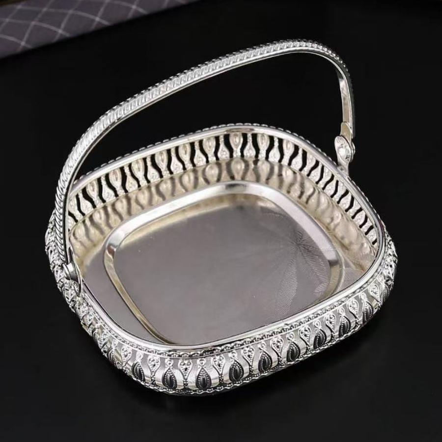 Vassoio Frutta, Piatto Rotondo in Lega Portatile Disco Argento per Snack, Decorazione Scrivania Soggiorno Forniture per Conservazione Torte Decorazione Matrimonio