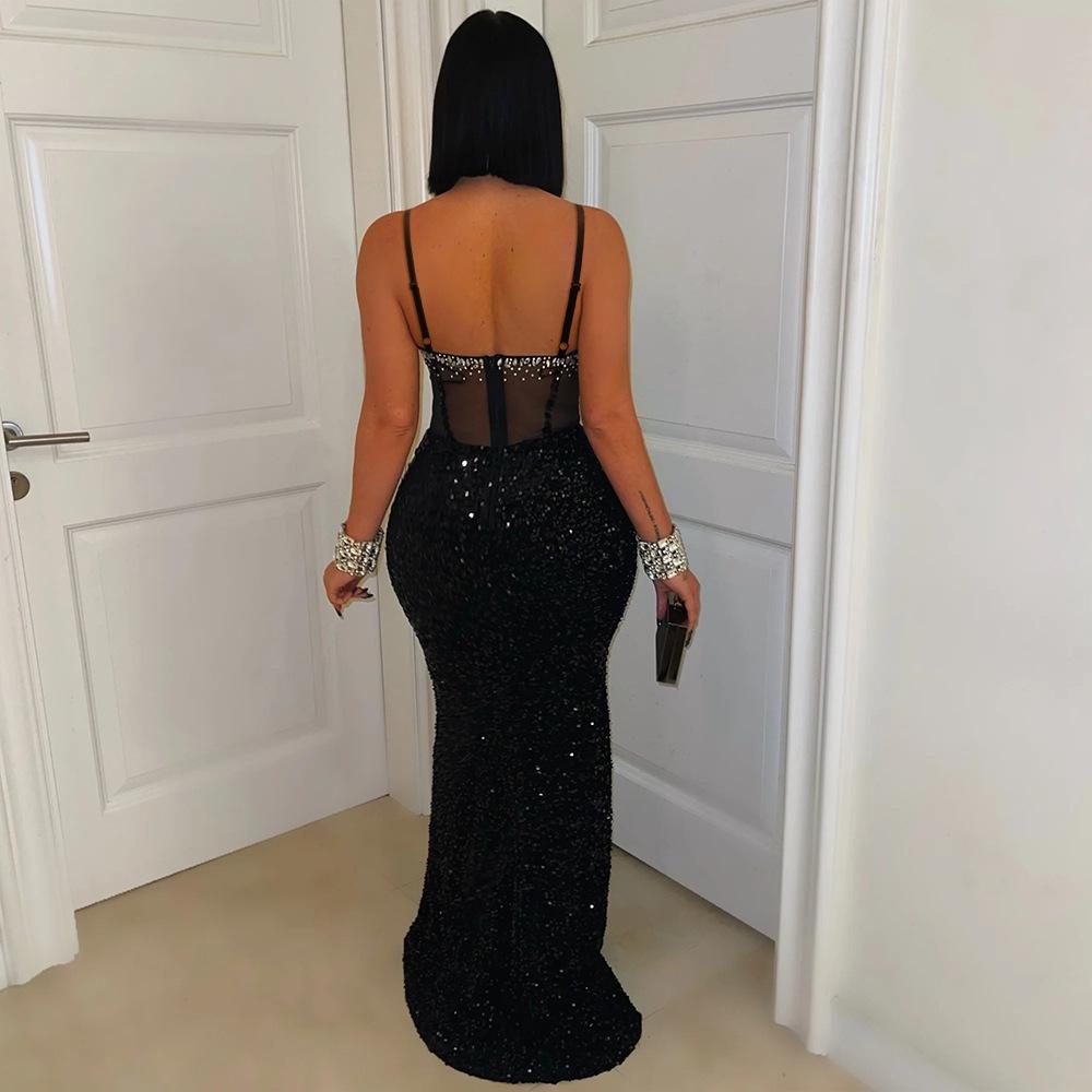 CY901191 European and American Velvet Sequined Party Dress Dress Hot Diamond Suspender Dress Hip-wrapped Long Dress Women