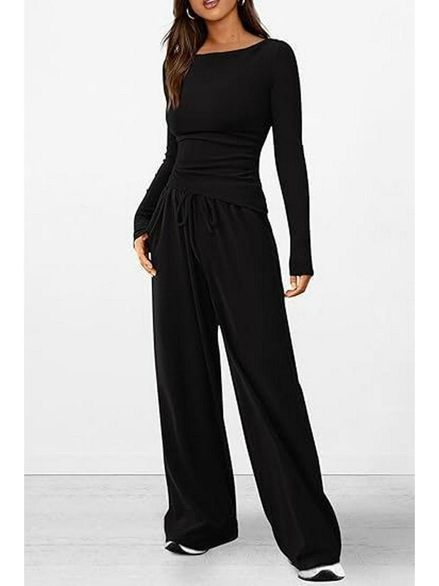 Asymmetrical Long-Sleeve T-Shirt & Wide-Leg Pants Casual Loungewear Set 2025 Autumn Collection