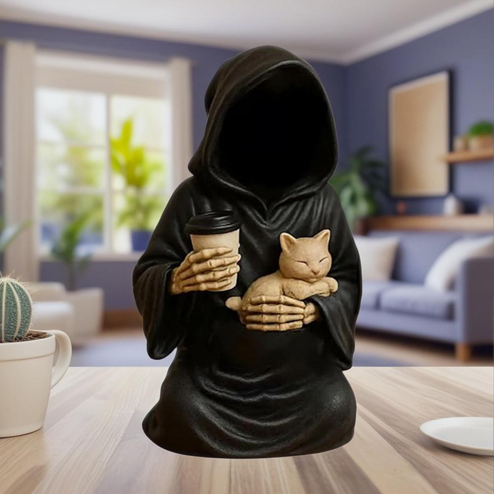 Emotionale Unterstützung Sensenmann Figur, Erschöpfte Sensenmann Statue mit Karte, Gothic Schwarzes Gewand Mystery Figur Schreibtischdeko