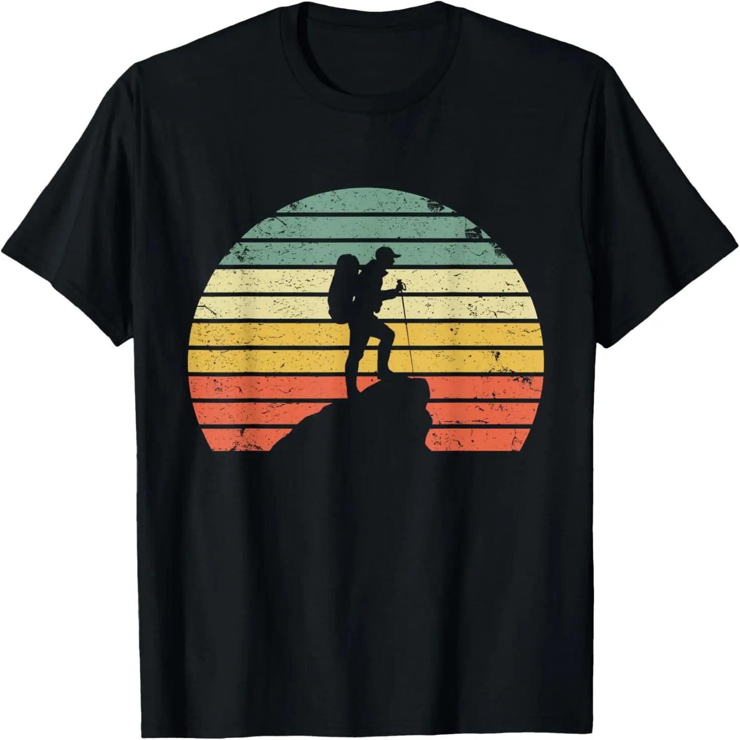 Vintage Hiking T Shirt Hiker on Rock Retro Sunset Silhouette T-Shirt S