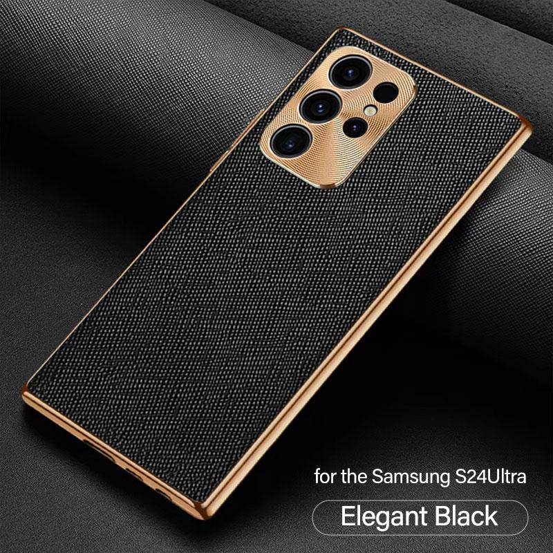 

Luxury Lambskin Leather Texture Plating Frame Phone Case For Samsung S24 Ultra S23 S22 Plus Shockproof Camera Protection Cover For Samsung S24