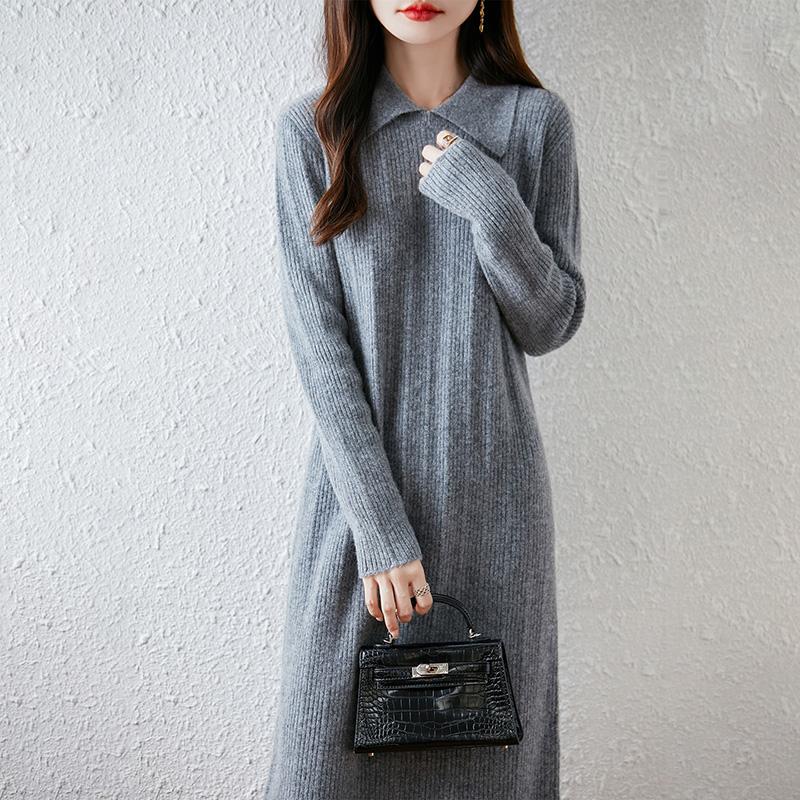 Women Sweater Dress 100% Wool MODERN NEW SAGA Turn-down Collar Knit Long Pullover Winter Jumpers Wool Long Dress Female