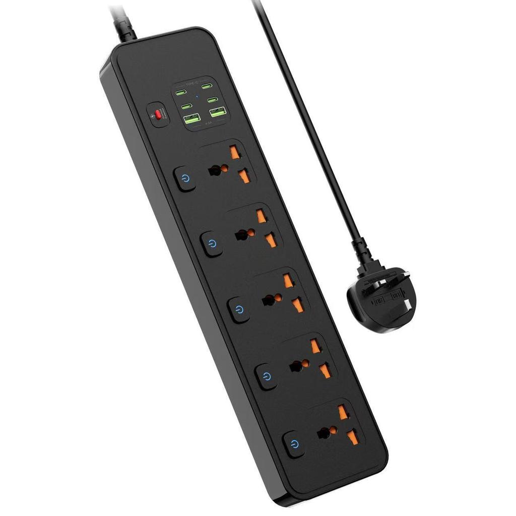 BKL25 Power Strip with 5 Universal Sockets, Independent Switch Control, and Overload Protection
