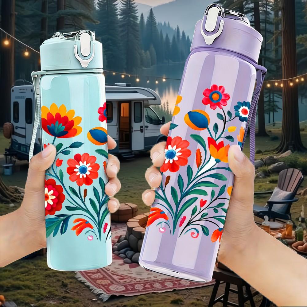 1PC Colorful Folk Floral Bouquet Print 750ml Color Plastic Sports Water Bottle Leakproof Flip Straw Lid Suitable for Sports Office Home Use