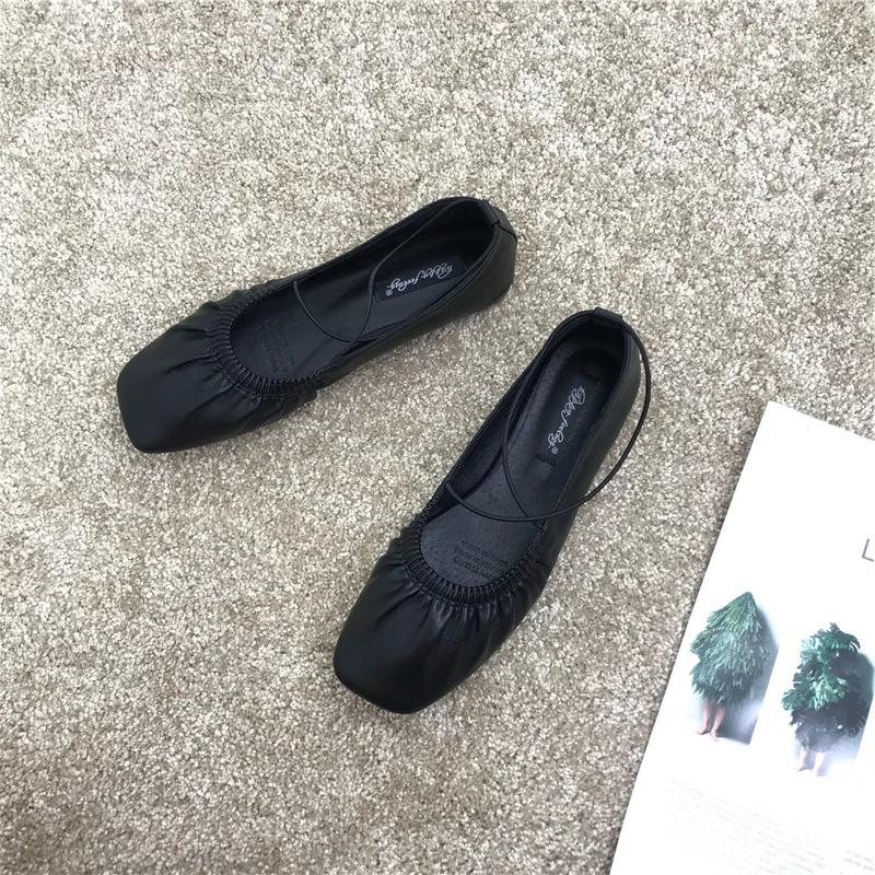 Pleated Single Shoes Women Square Toe Soft Ballet Flats Slip On Solid Color Elegant Dance Shoe Cross Ladies Loafers