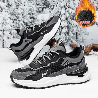 Winter New Warm and Velvet Live Sports Shoes Microfiber Leather Surface Low-top Lace-up Men's Casual Running Shoes Men's Shoes