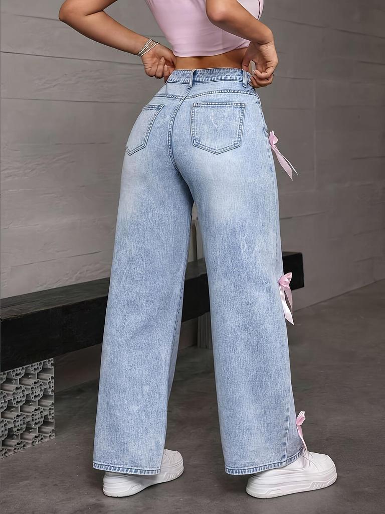 Y2K Elastic Straight Leg Bow Jeans - Women's American Spicy Girl Style, Loose Fit, Long Pants, Trendy INS Style