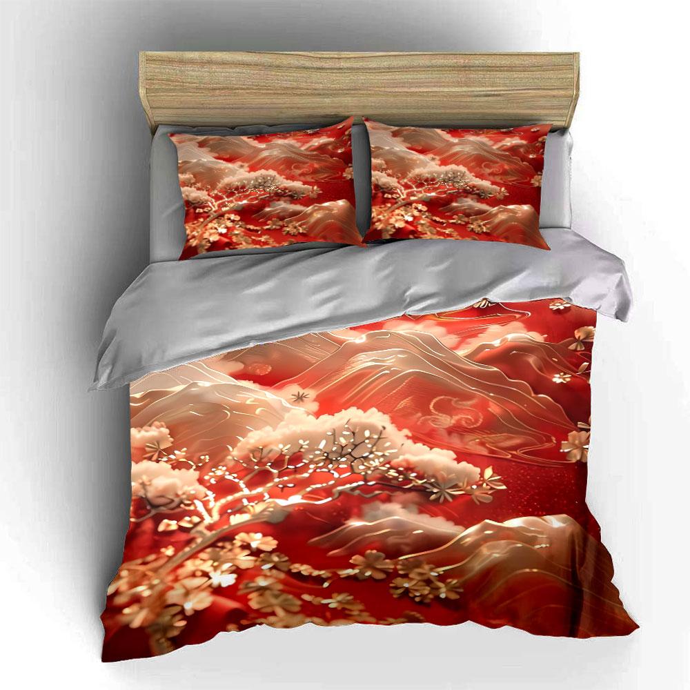 "Red Landscape Art Set Decoration" Soft Skin-Friendly Bedding Set Includes 1 Duvet Cover And 2 Pillowcase Gift