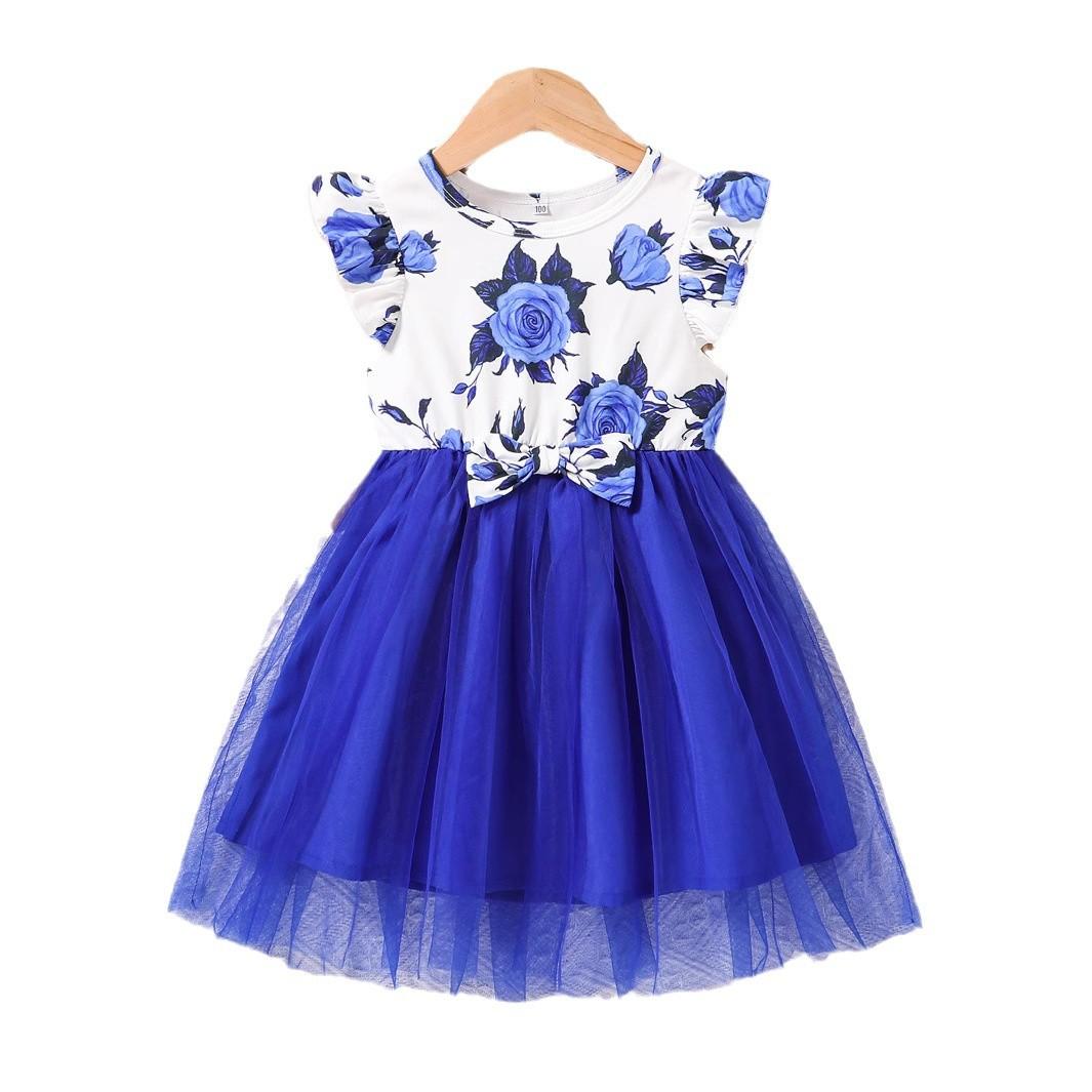 

Милое детское платье для девочек Летнее детское платье-торт с цветочным принтом 130cm синий